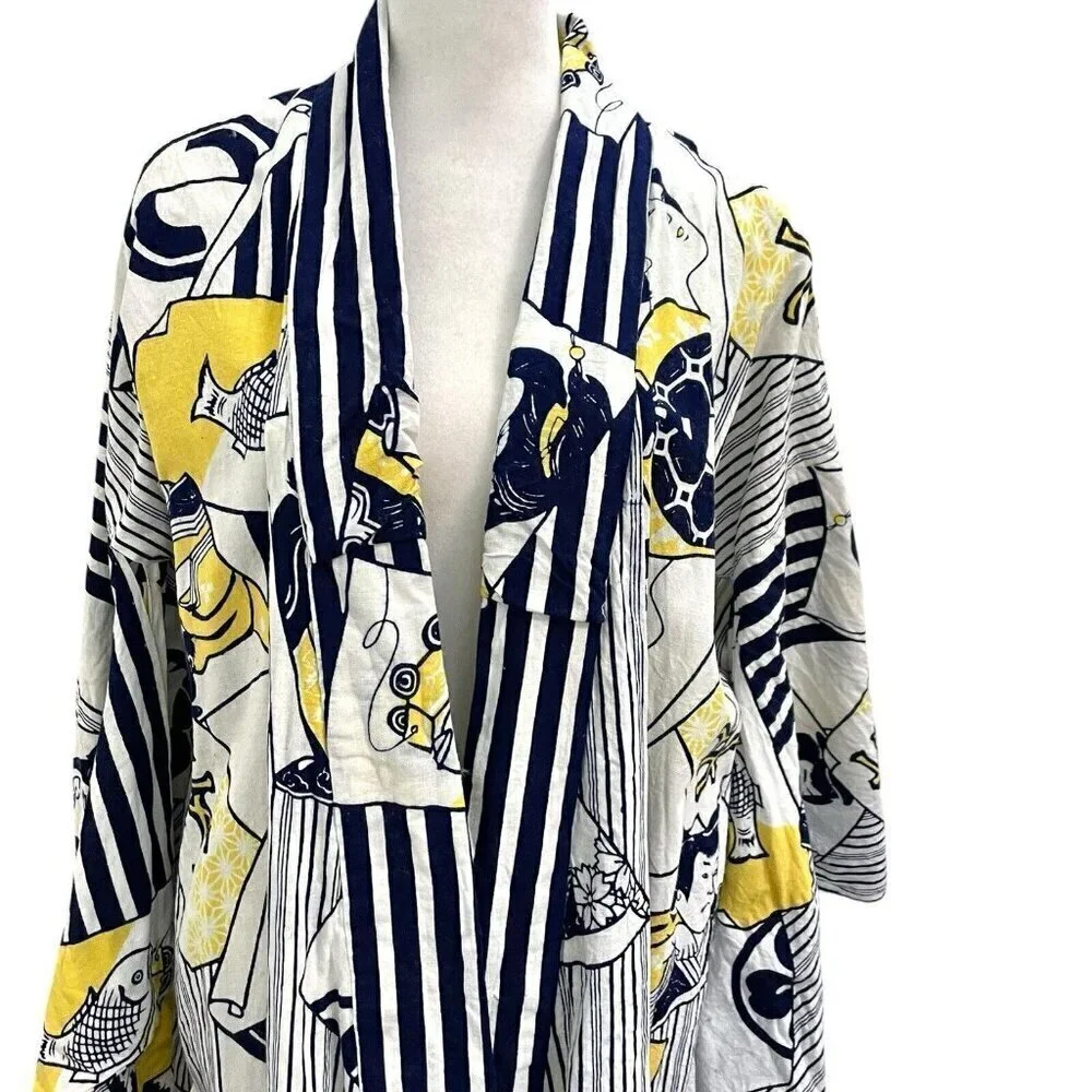 100% Linen Japanese Kimono Traditional Folk Unique Blue Yellow One Size